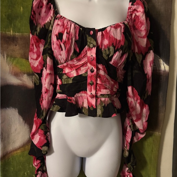 Floral Pink and Black Women's Top - Picture 1 of 4